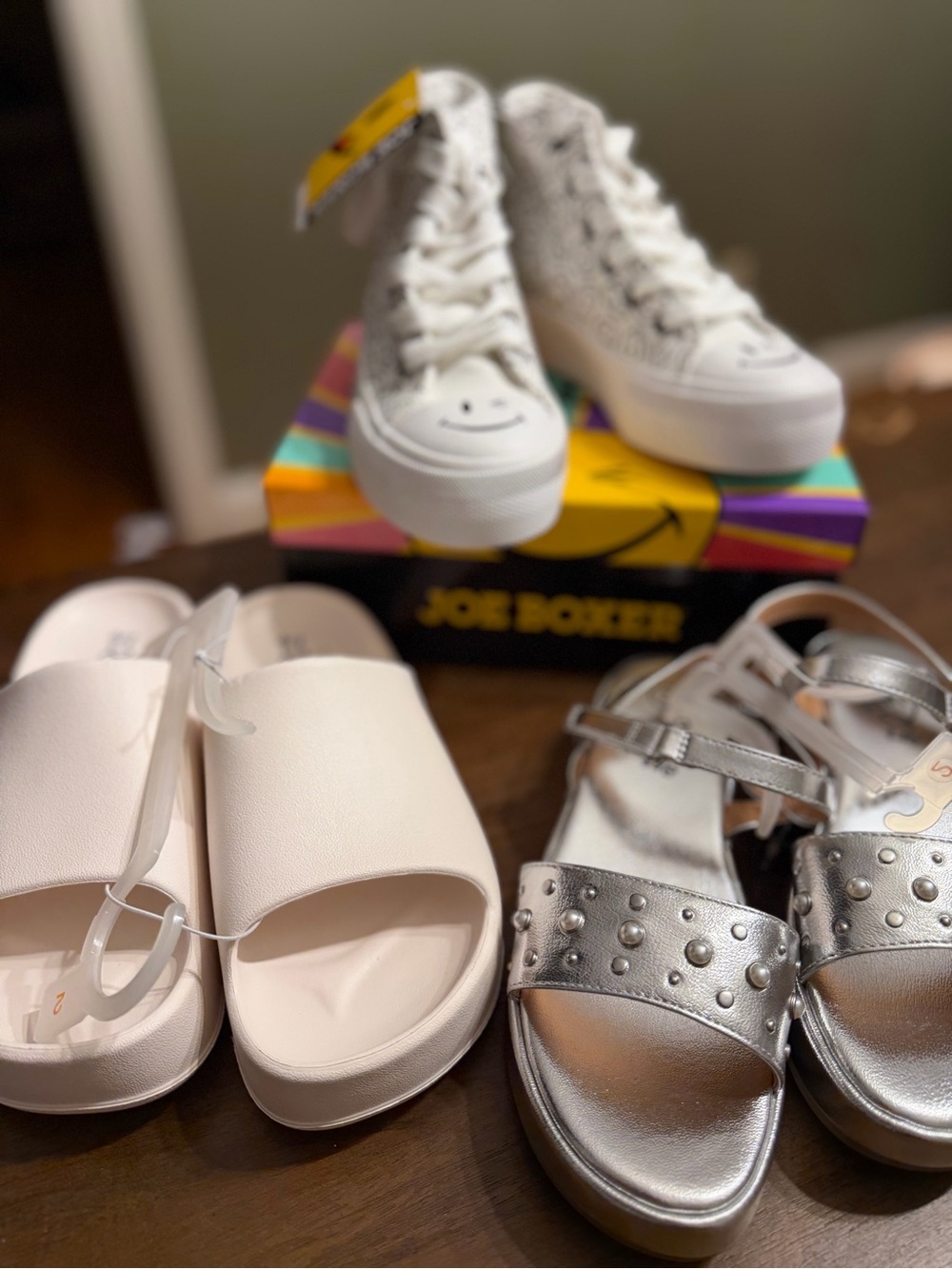 Joe Boxer High Tops, White Slide Sandals and Silver Studded Sandals Lot- 2 Girls